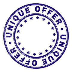 UNIQUE OFFER stamp seal watermark with distress texture. Designed with circles and stars. Blue vector rubber print of UNIQUE OFFER label with unclean texture.