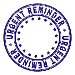 URGENT REMINDER stamp seal imprint with distress texture. Designed with circles and stars. Blue vector rubber print of URGENT REMINDER label with retro texture.