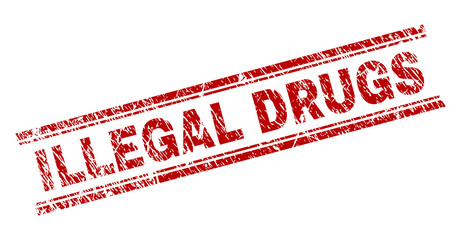 ILLEGAL DRUGS seal print with corroded texture. Red vector rubber print of ILLEGAL DRUGS text with corroded texture. Text caption is placed between double parallel lines.