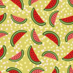 Watermelon seamless pattern on green background. Modern wrapping paper and xextile print. Interior decor and baby wallpaper pattern design.