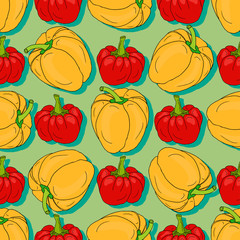 Red and yellow pepper seamless pattern. Vegetanbles wrapping paper. Textile print, interior decor and pattern design.