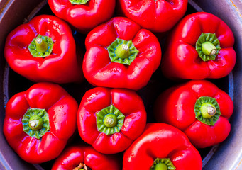 Top view of many red pappers. Paprika macro pattern. Fresh vegetable organic.