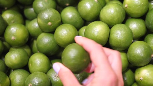 Hand Of Female Customer Choosing Lime Citrus Fruits On Market