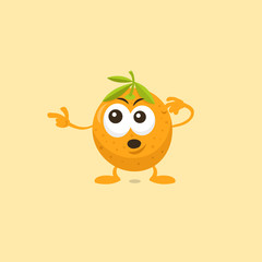 Illustration of cute surprised orange mascot pointing to the left isolated on light background. Flat design style for your mascot branding.