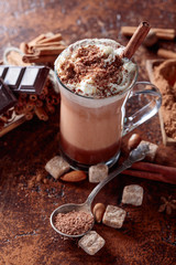 Cocoa with cream, cinnamon, chocolate pieces and various spices.