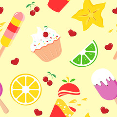 Seamless pattern with ice cream, cap cake, lemon and lime slices, cannon, fresh. Vector background for cafe, restaurant menu, wrapping paper, banner design. Creative summer wallpaper.