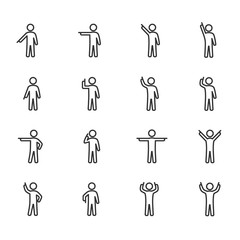 Vector image of stick figures of a person pointing a finger line icons.