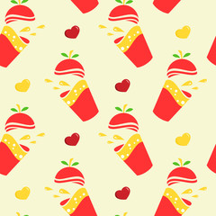 Vector seamless pattern with glass of fresh with lid in the form of an apple. For textile and fabric, cover, print on clothes. Funny colorful background. EPS10.