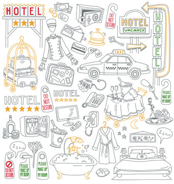 Hotel Doodle Set. Services And Facilities - Bedroom, Bathroom, Room Service, Breakfast, Bellboy, Mini Bar, Hair Dryer, Luggage Cart. Hand Drawn Vector Illustration Isolated On White Background