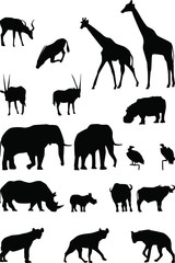 Silhouettes of african animals. savannah animals. Giraffe, hyena, elephant, bulls, vultures, antelopes. Silhouettes of African trees.