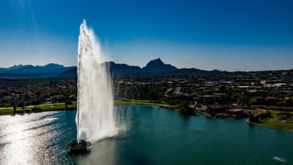 Aerial, drone view of the historic fountain at Fountain Hills Park in Arizona