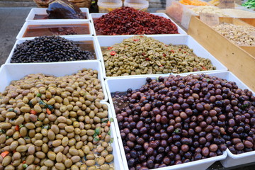 Various Sicilian olives in Ortigia Syracuse, Sicily Italy