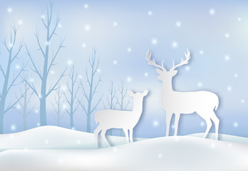 Paper art of Deers couple and snow illustration.