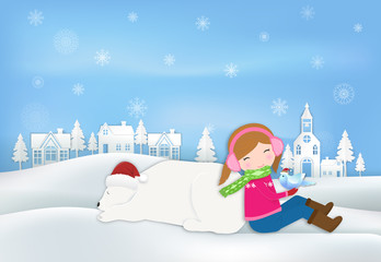 Paper art of Girl, Polar bear, bird  in countryside illustration