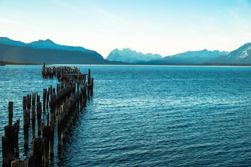 Historic pier of Puerto Natales, Chile, and its fjord 'Última Esperanza'.