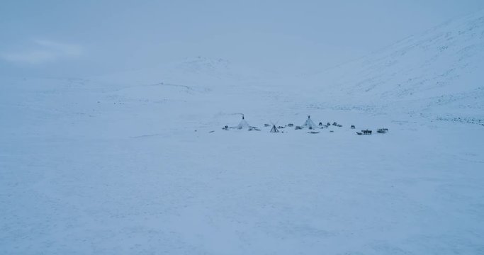 Big camp of yurts in the middle of Arctic taking with drone.