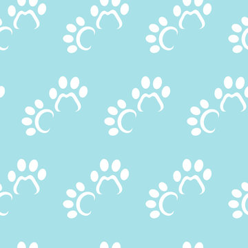 Vector seamless pattern with white pet paws on light mint backdrop. Veterinary background. Can be used for wrapping paper for shop zoo, web or design of banners. EPS10.