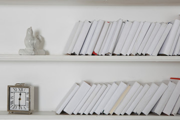 Interior of hite roomwith bookshelves, armchair and a chest of drawers.