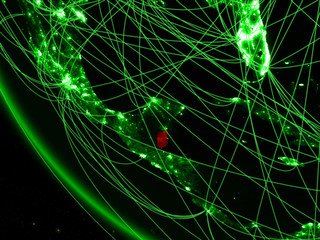 Belize on green planet Earth from space with network. Concept of international communication, technology and travel.