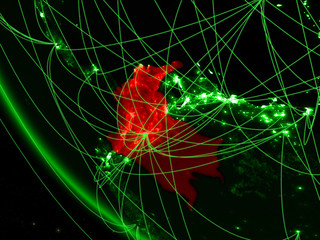 Colombia on green planet Earth from space with network. Concept of international communication, technology and travel.