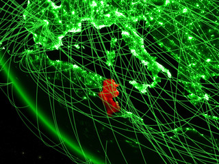Tunisia on green planet Earth from space with network. Concept of international communication, technology and travel.