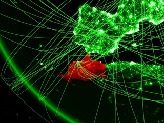 Morocco on green planet Earth from space with network. Concept of international communication, technology and travel.