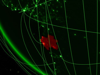 Gabon on green planet Earth from space with network. Concept of international communication, technology and travel.