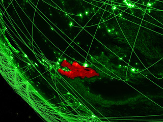 Kyrgyzstan on green planet Earth from space with network. Concept of international communication, technology and travel.