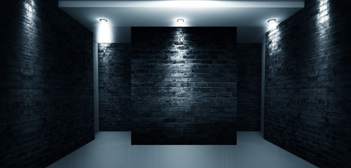 A narrow empty corridor, an old brick wall, smoke, neon lights and lamps. Night view. Background of an empty show scene. 3D rendering