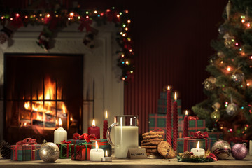 close up view of glass of milk with cookies on color back
