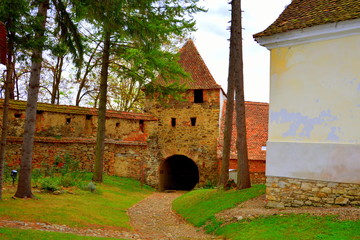 Courtyard of the medieval fortified saxon church in the village Crit-Kreutz, Transylvania, Romania