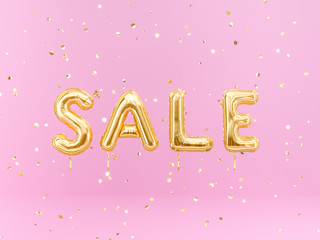 Sale balloon golden text on pink background, discount girly banner, 3d rendering