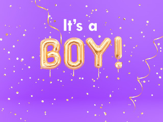 It is a Boy banner balloon golden text on purple background, 3d rendering