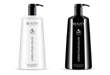 Black and white cosmetic pump dispenser bottles set for shower gel, liquid soap, conditioner. Luxury product design packaging. Vector cosmetics mockup illustration.