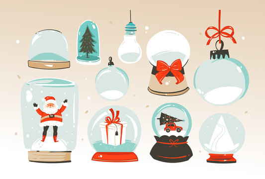 Hand drawn vector abstract Merry Christmas and Happy New Year time big cartoon snow globe sphere illustrations collection set isolated on white background