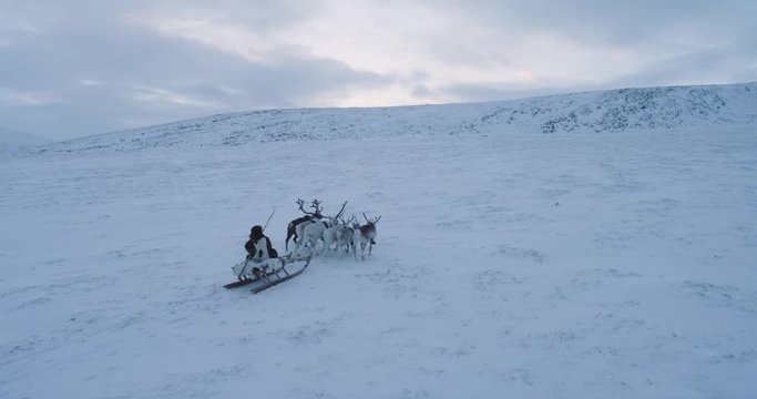 Winter in Siberia , a man wearing the fur have a ride with reindeers in the middle of field. 4k