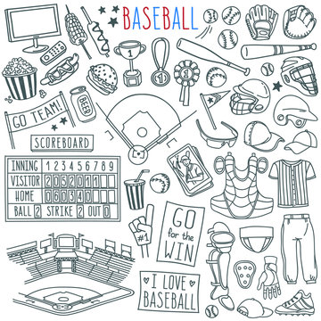 Baseball doodle set. Special equipment, player's clothing, field, stadium, fan's banners and signs. Hand drawn vector illustration isolated on white background