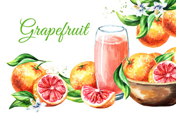 Fresh juicy grapefrui card. Watercolor hand drawn illustration, isolated on white background