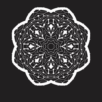 Symmetriсфд Mandala Doodle Drawing By Hand Zentangle Style. Round ornament In white Colour On Black.