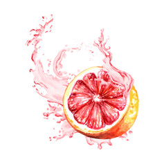 Splash of grapefruit juice. Watercolor hand drawn illustration, isolated on white background