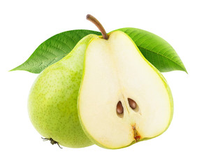 Isolated pears. One and a half green yellow pear fruits on a branch isolated on white background with clipping path © ChaoticDesignStudio