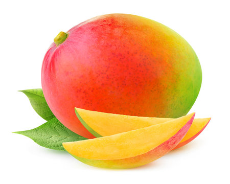 Isolated mango. One whole mango fruit with leaves isolated on white background with clipping path