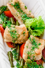 Healthy food delivery. Take away for diet. Fitness nutrition, vegetables, meat and fruits in eco boxes. at wood and straw with copy space. series of photos