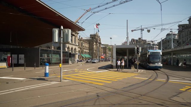 sunny day zurich city center train station traffic square panorama 4k switzerland
