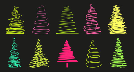Christmas trees on black. Set on isolated background. Objects for banners, posters, t-shirts and textiles