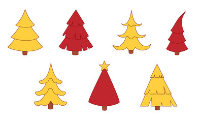 set of christmas trees icons in red and yellow colors