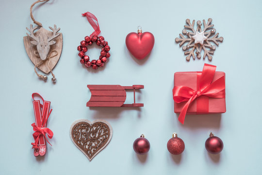 Christmas collection with balls, heart, red sleid for mock up template design. Flat lay. Top view.