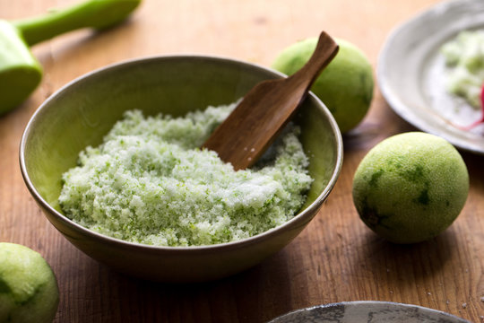 Close up of sweet lime salt in bowl