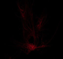 Red illustration pattern on black background. Fantasy fractal texture. Digital art. 3D rendering. Computer generated image.