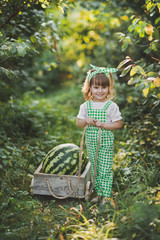 A little girl carries a huge watermelon on a cart 1888.